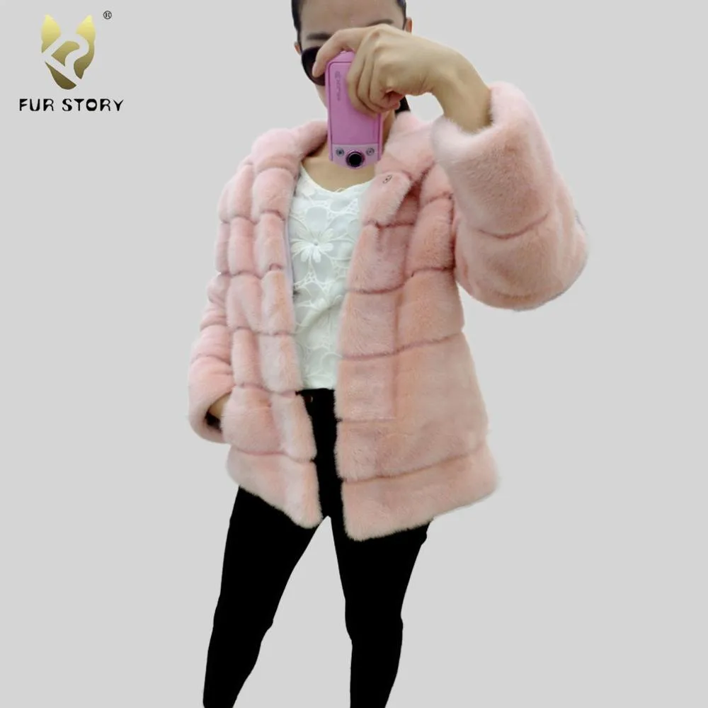 Women's Genuine Mink Fur Coat Women with Hood Striped Fur Jacket  16153