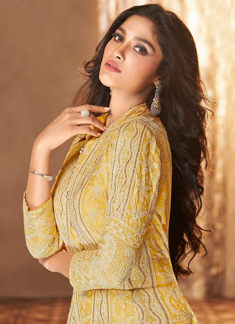 Yellow Lucknowi Embroidered Designer Anarkali Suit